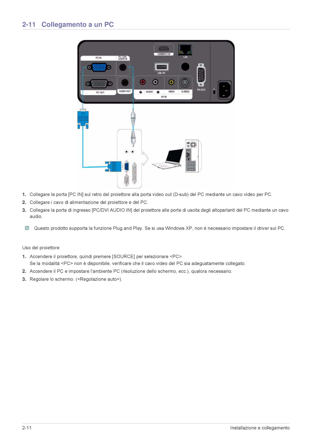 Samsung SPL335WEX/EN, SPL305WEX/EN, SPL255WEX/EN manual Collegamento a un PC 