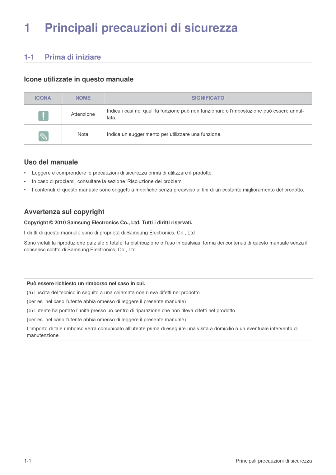 Samsung SPL335WEX/EN Prima di iniziare, Icone utilizzate in questo manuale, Uso del manuale, Avvertenza sul copyright 