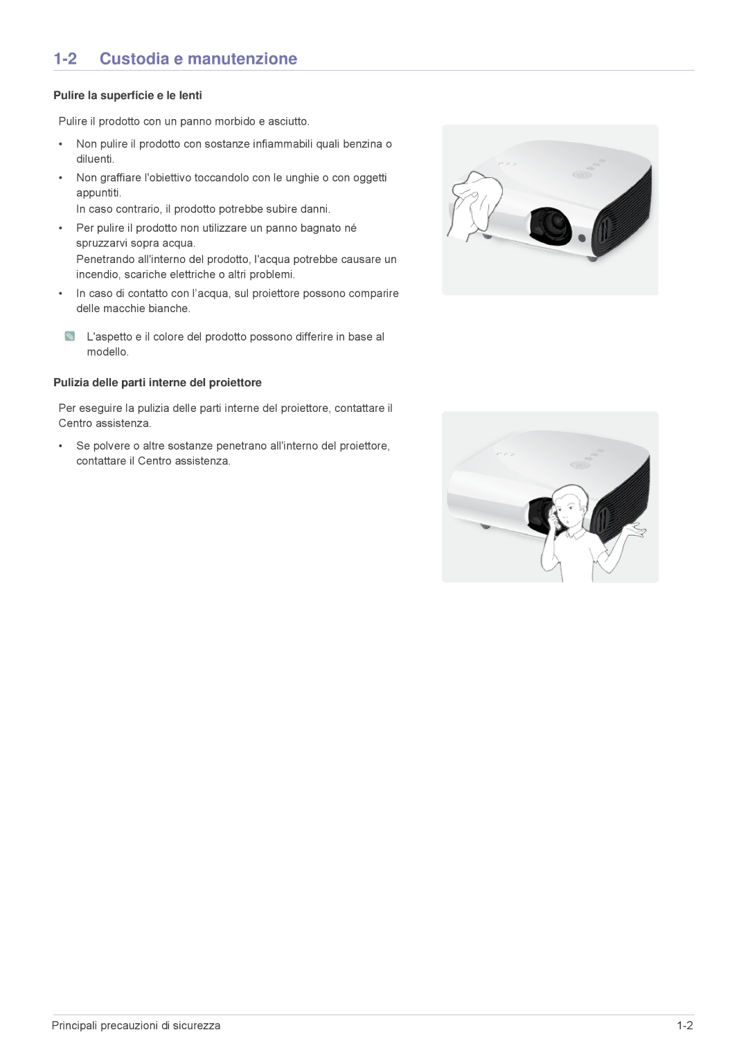 Samsung SPL255WEX/EN Custodia e manutenzione, Pulire la superficie e le lenti, Pulizia delle parti interne del proiettore 