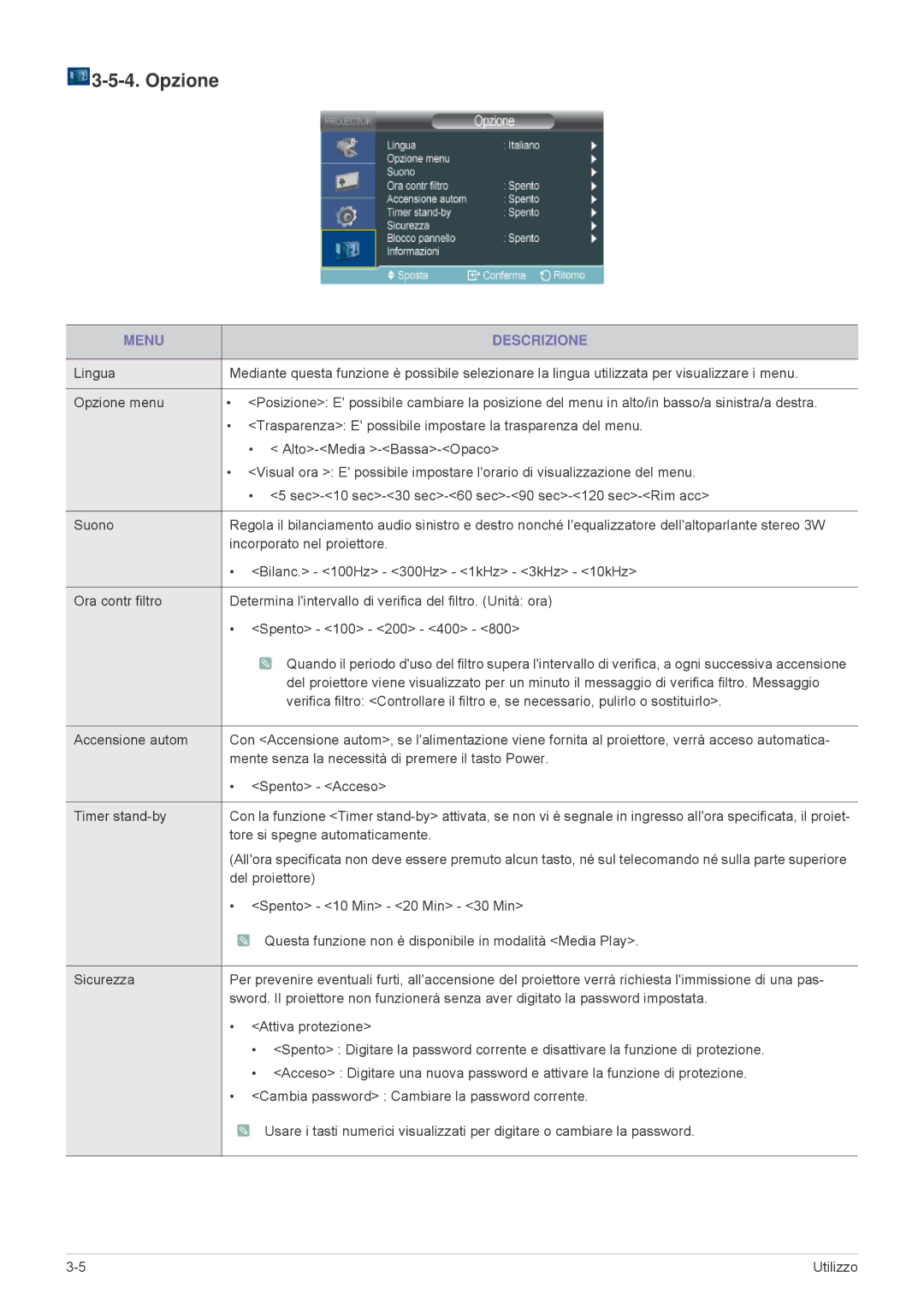 Samsung SPL255WEX/EN, SPL305WEX/EN Opzione, Tore si spegne automaticamente, Del proiettore, Spento 10 Min 20 Min 30 Min 