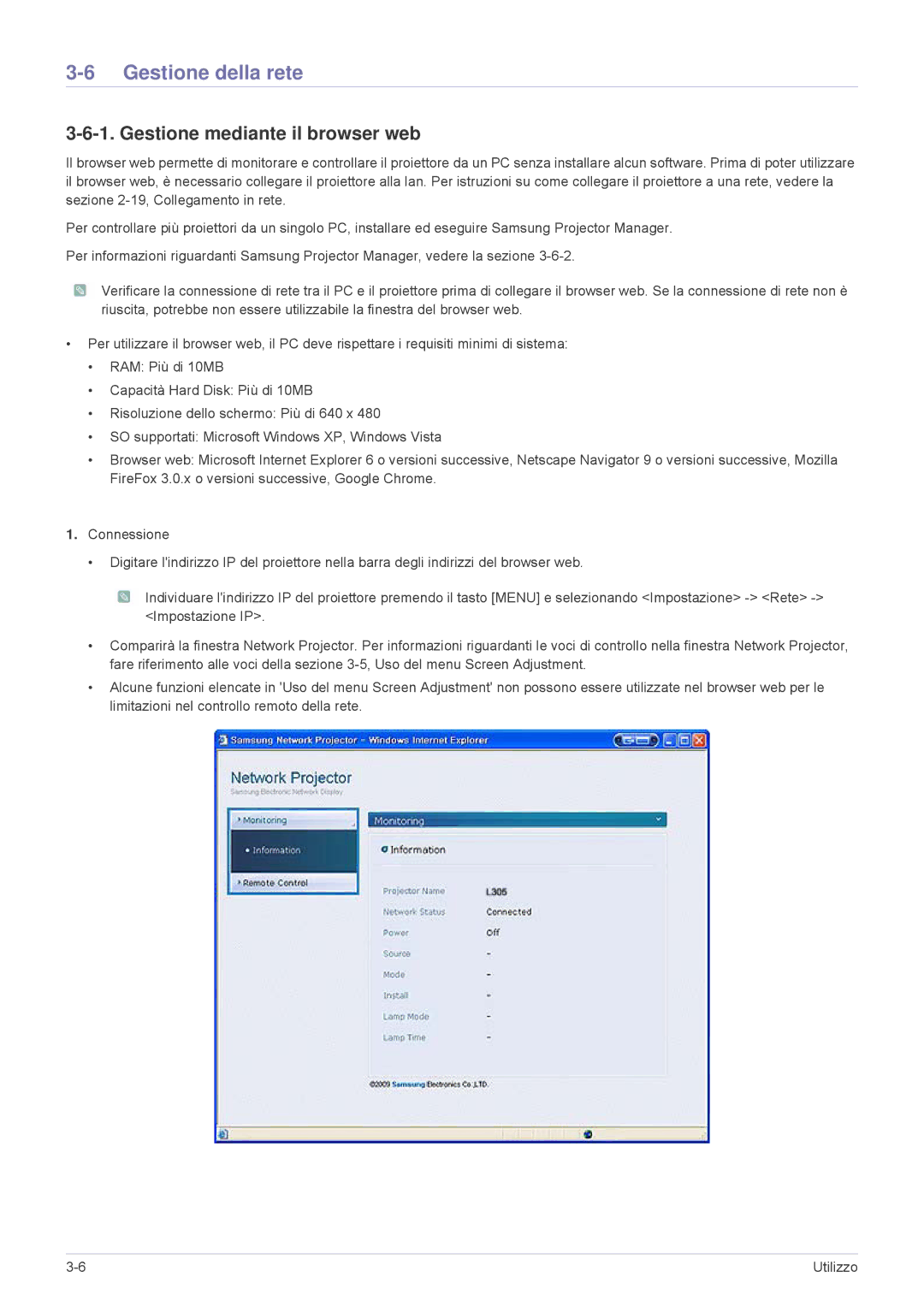 Samsung SPL335WEX/EN, SPL305WEX/EN, SPL255WEX/EN manual Gestione della rete, Gestione mediante il browser web 