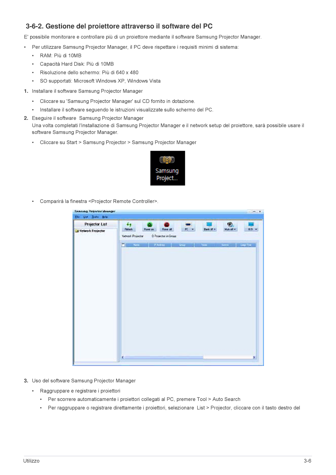 Samsung SPL255WEX/EN, SPL305WEX/EN, SPL335WEX/EN manual Gestione del proiettore attraverso il software del PC 