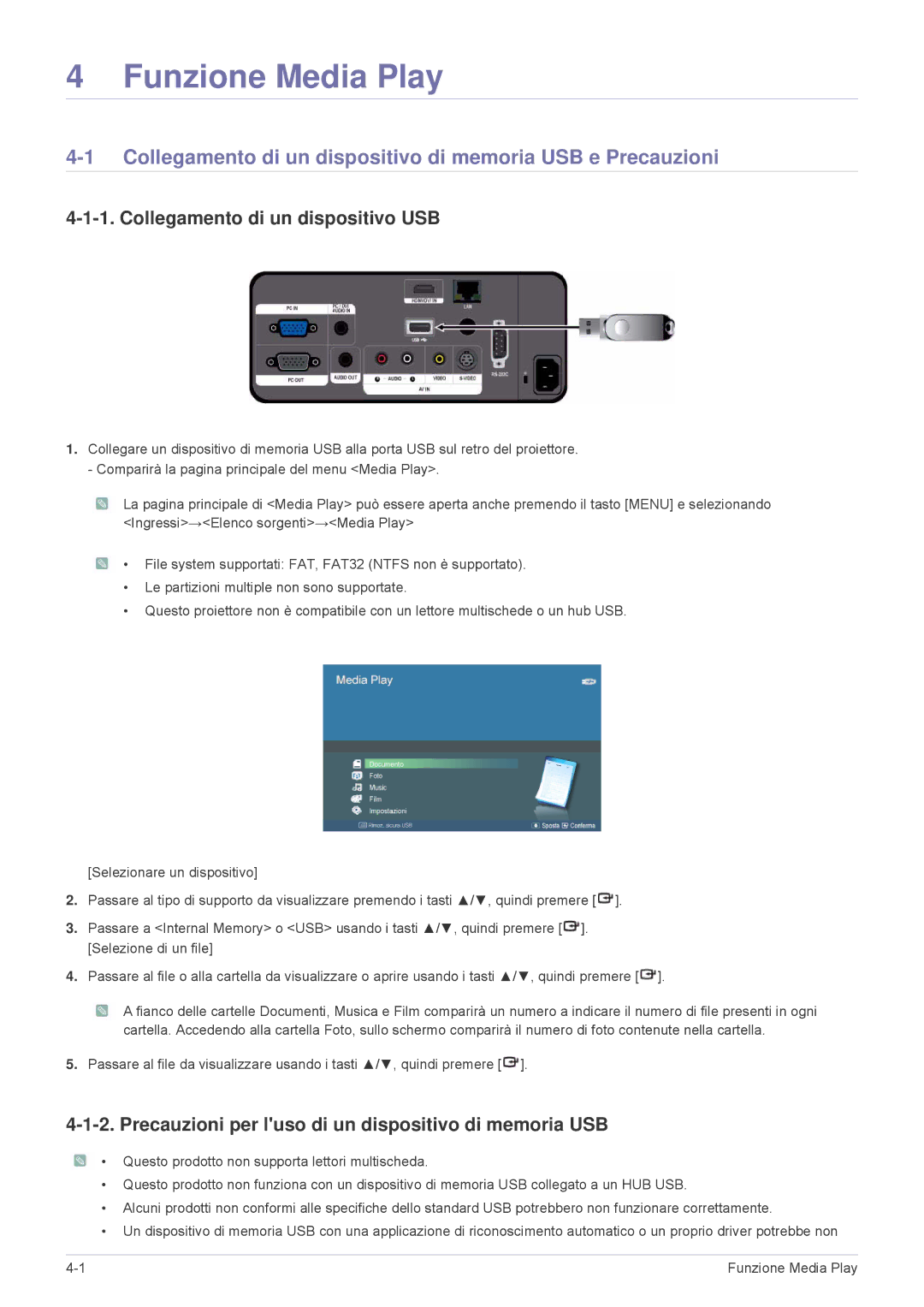 Samsung SPL305WEX/EN manual Collegamento di un dispositivo di memoria USB e Precauzioni, Collegamento di un dispositivo USB 