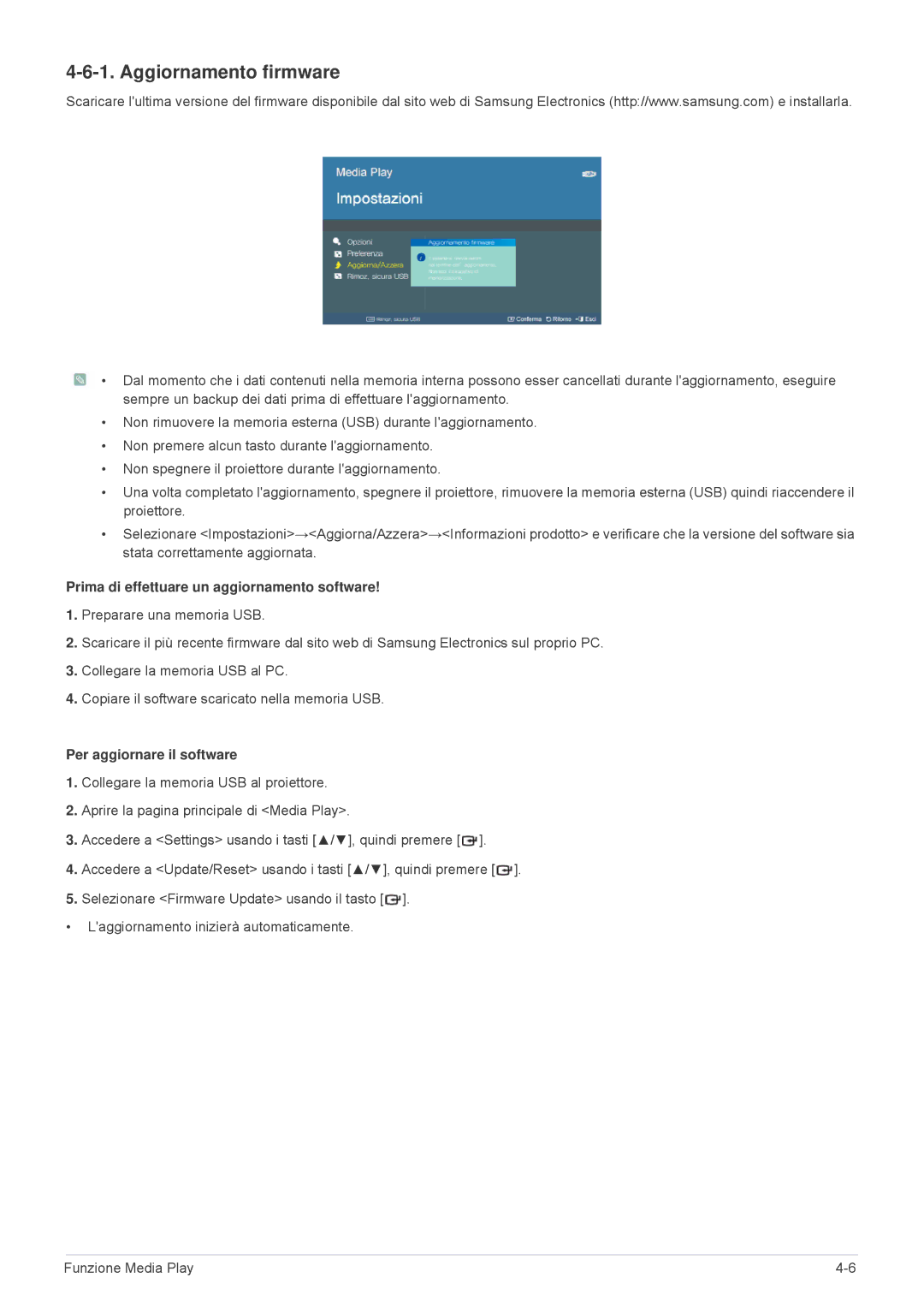 Samsung SPL335WEX/EN Aggiornamento firmware, Prima di effettuare un aggiornamento software, Per aggiornare il software 