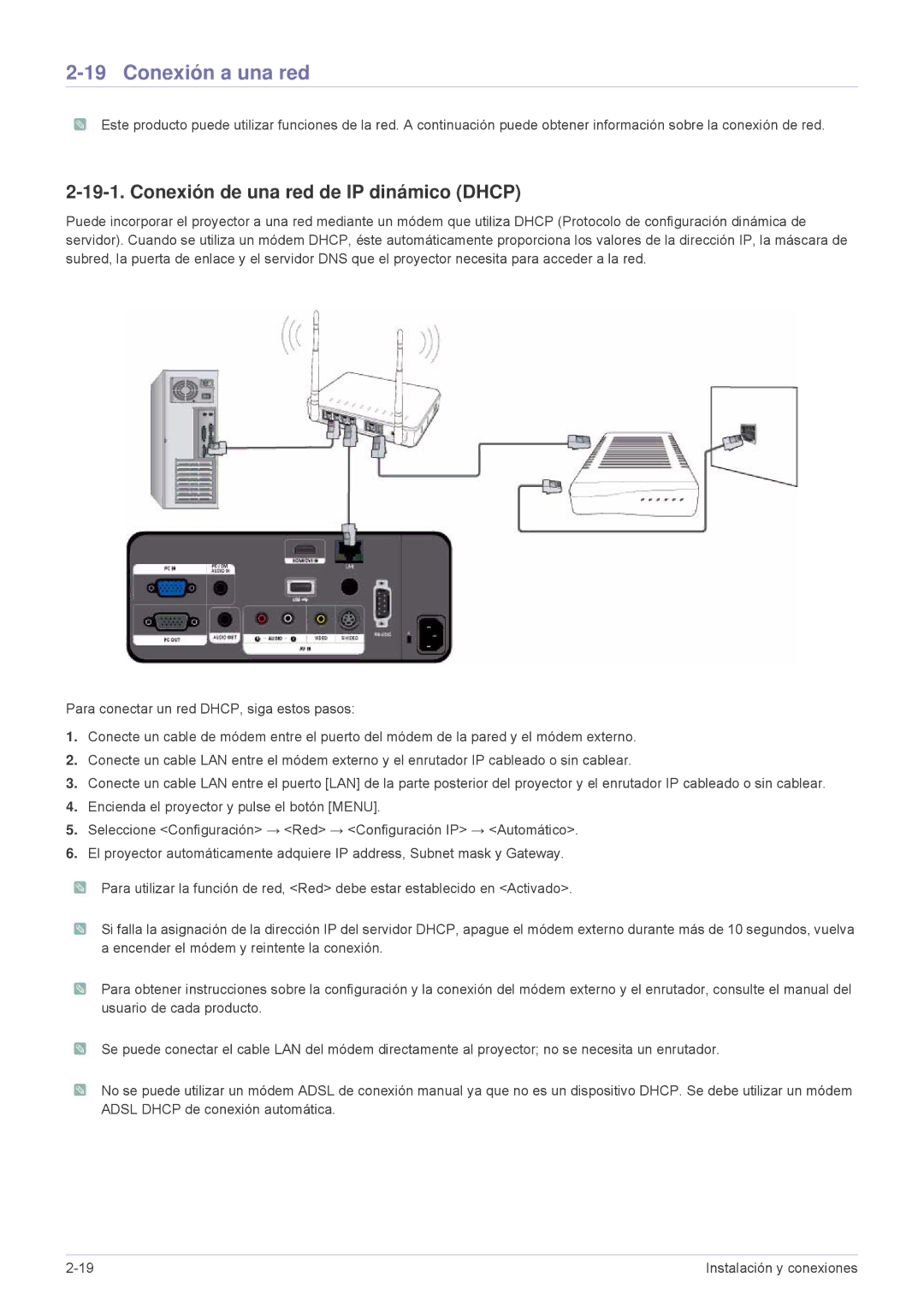 Samsung SPL305WEX/EN, SPL335WEX/EN, SPL255WEX/EN manual Conexión a una red, Conexión de una red de IP dinámico Dhcp 