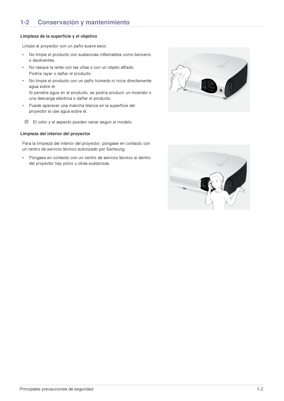 Samsung SPL255WEX/EN, SPL305WEX/EN, SPL335WEX/EN manual Conservación y mantenimiento, Limpieza de la superficie y el objetivo 