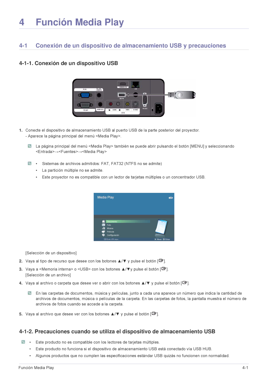 Samsung SPL255WEX/EN, SPL305WEX/EN, SPL335WEX/EN manual Función Media Play, Conexión de un dispositivo USB 