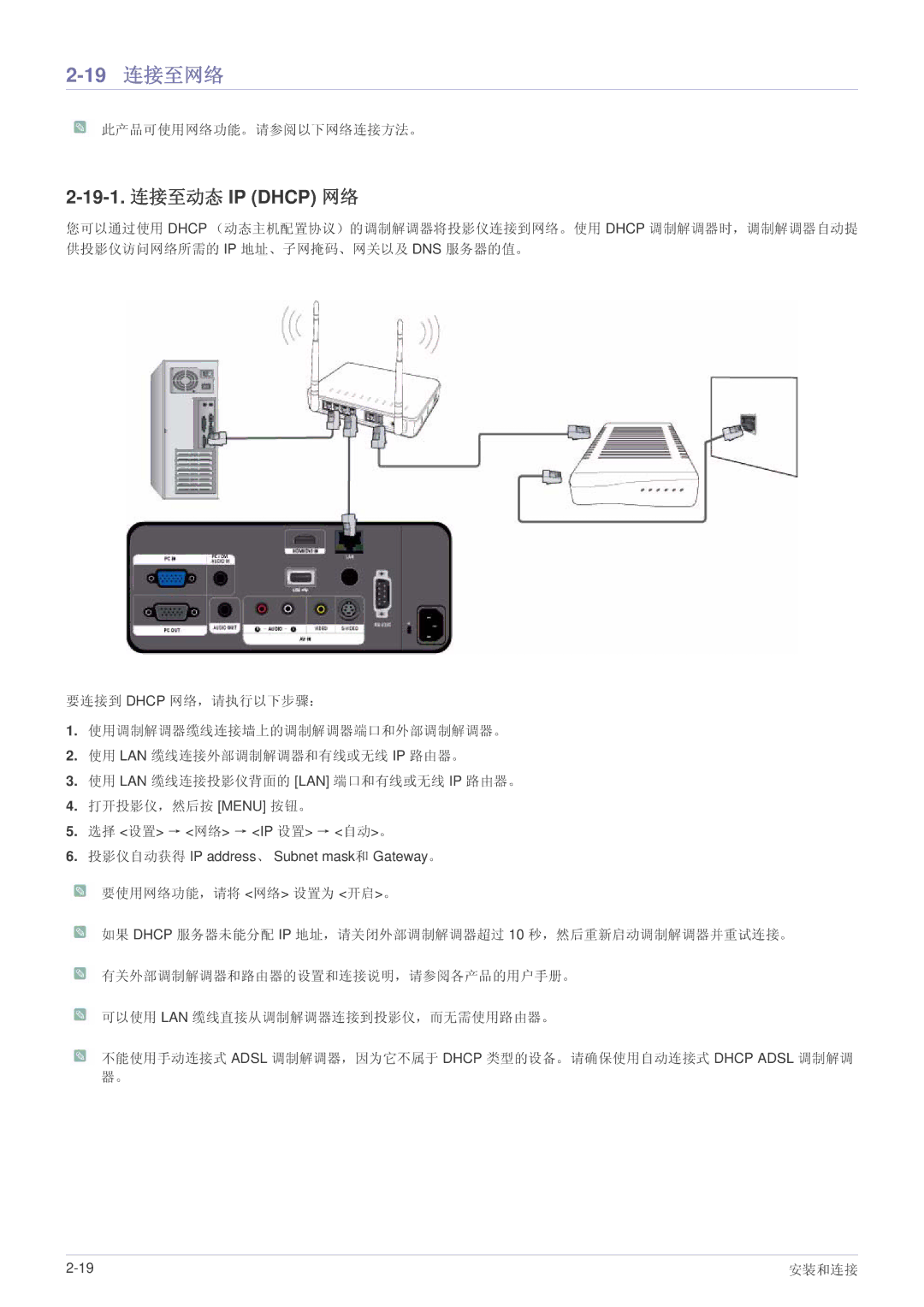 Samsung SPL255WEX/EN, SPL305WEX/EN, SPL335WEX/EN manual 19 连接至网络, 19-1. 连接至动态 IP Dhcp 网络 