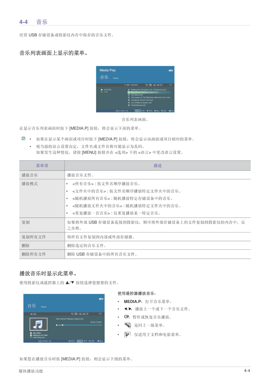 Samsung SPL305WEX/EN, SPL335WEX/EN, SPL255WEX/EN manual 音乐列表画面上显示的菜单。, 播放音乐时显示此菜单。, 使用遥控器播放音乐： 