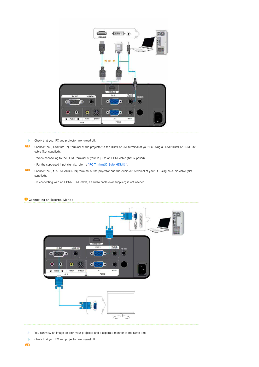 Samsung SPL330WVX/EN, SPL330WX/EN manual Connecting an External Monitor 