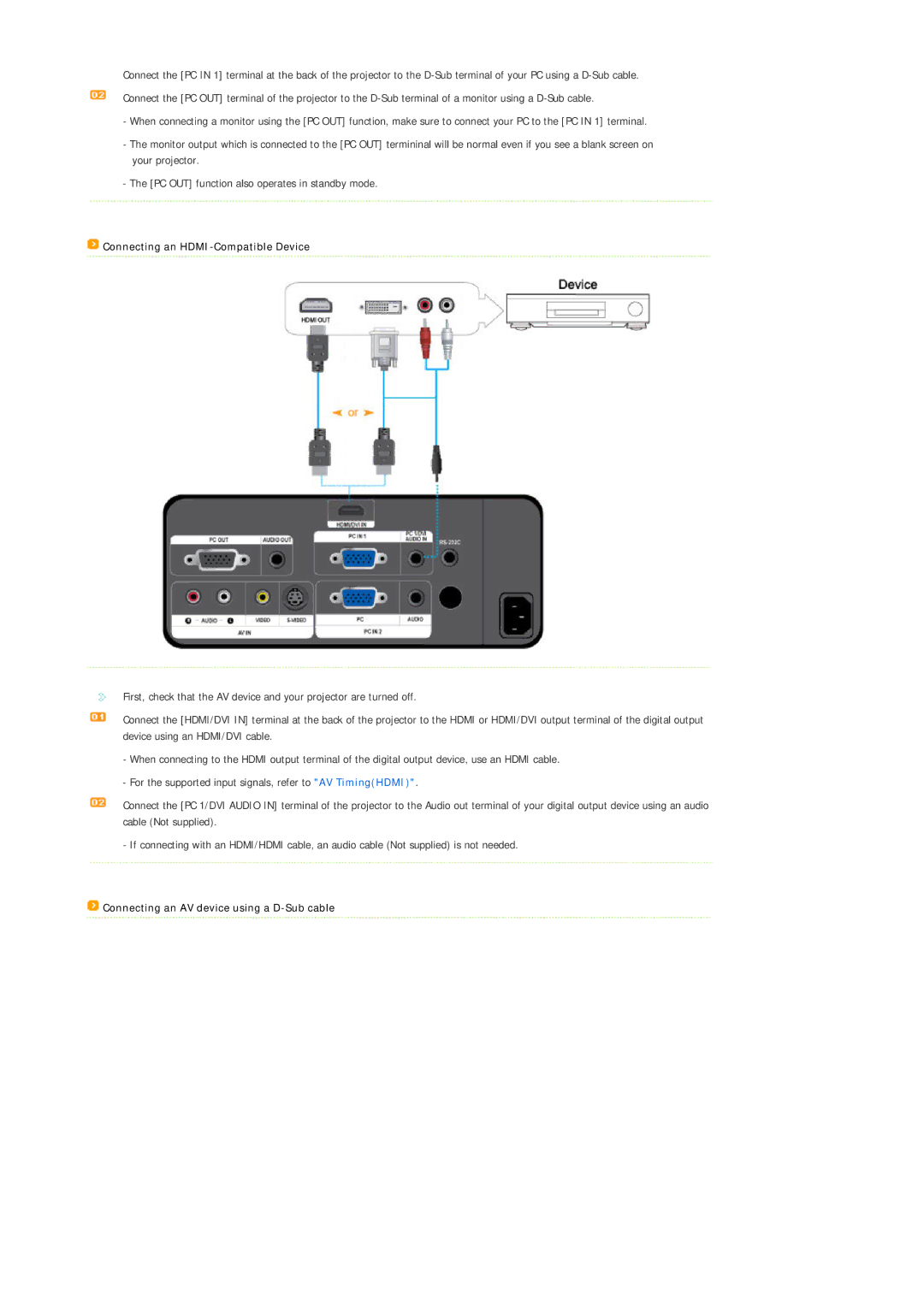 Samsung SPL330WX/EN, SPL330WVX/EN manual Connecting an HDMI-Compatible Device, Connecting an AV device using a D-Sub cable 