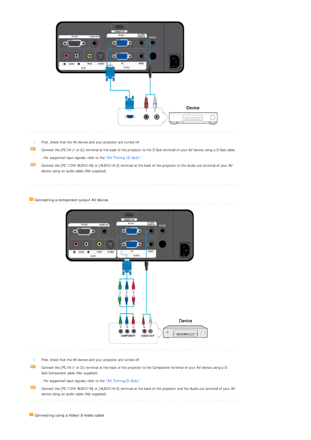 Samsung SPL330WVX/EN, SPL330WX/EN manual Connecting a component output AV device, Connecting using a Video/S-Video cable 