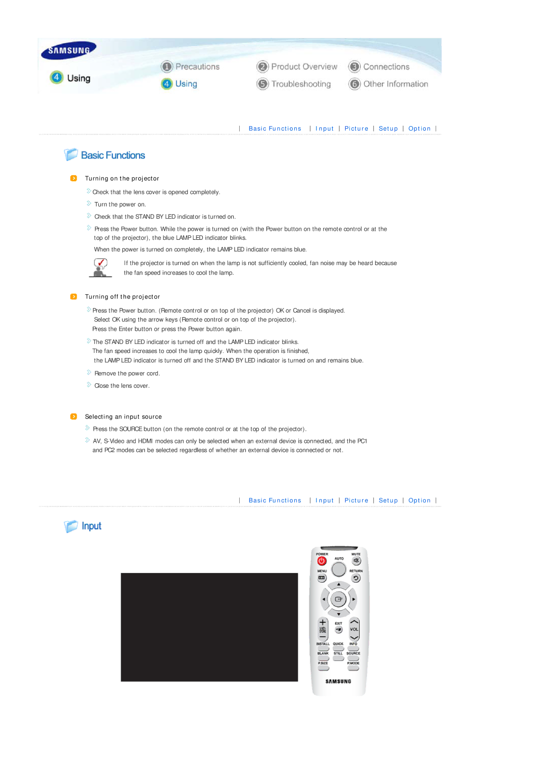 Samsung SPL330WX/EN, SPL330WVX/EN manual Turning on the projector, Turning off the projector, Selecting an input source 