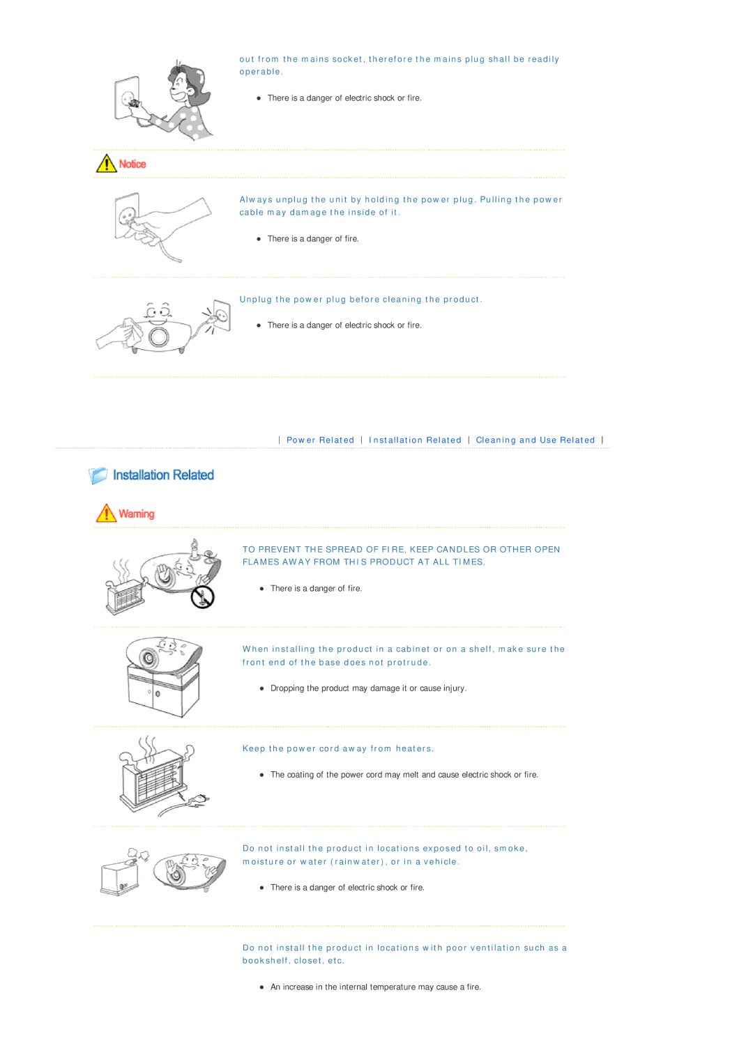 Samsung SPL330WX/EN, SPL330WVX/EN Unplug the power plug before cleaning the product, Keep the power cord away from heaters 