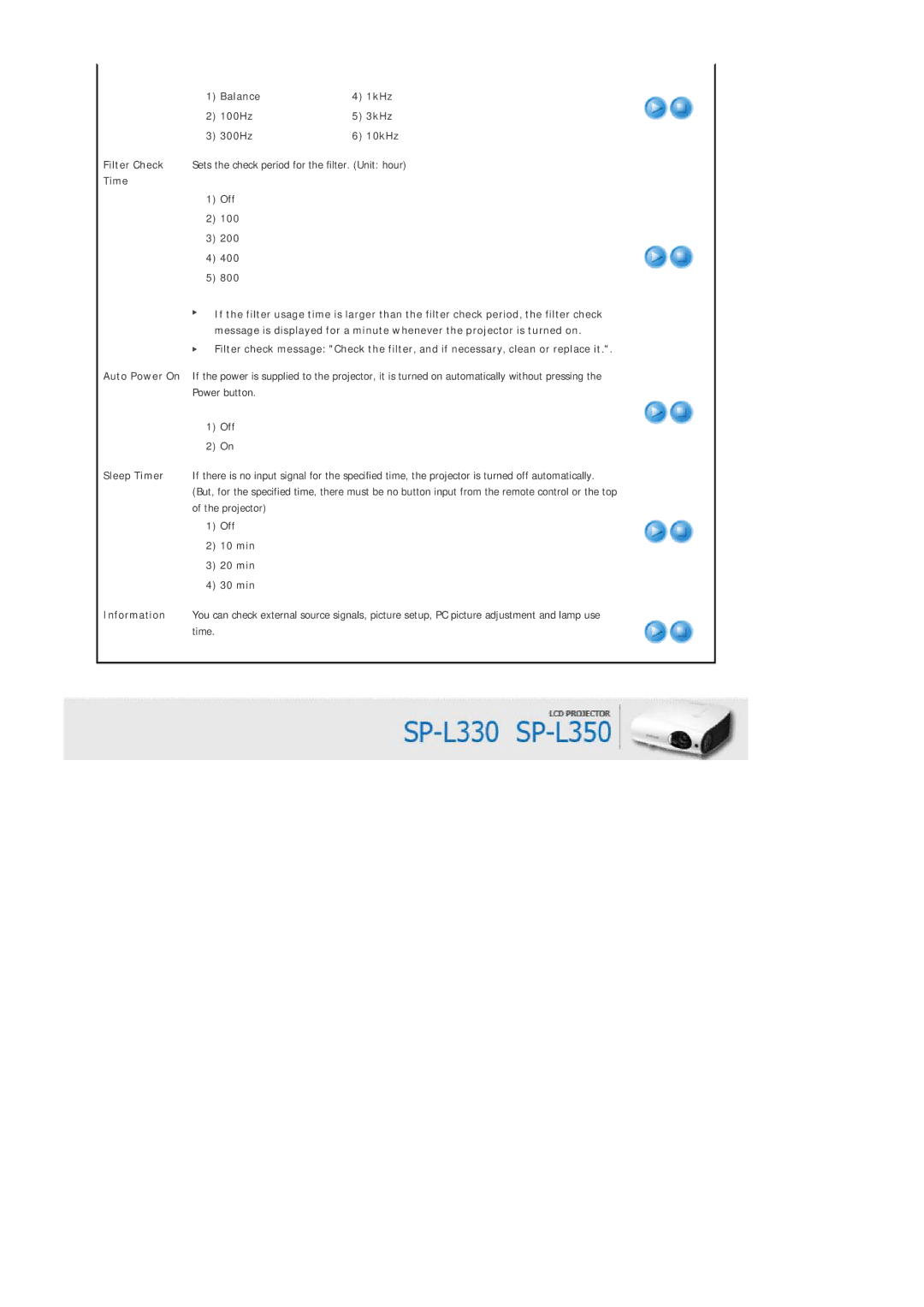 Samsung SPL330WX/EN, SPL330WVX/EN manual Balance 1kHz 100Hz 3kHz 300Hz, Time Off 100 200 400 800, Off 10 min 20 min 30 min 