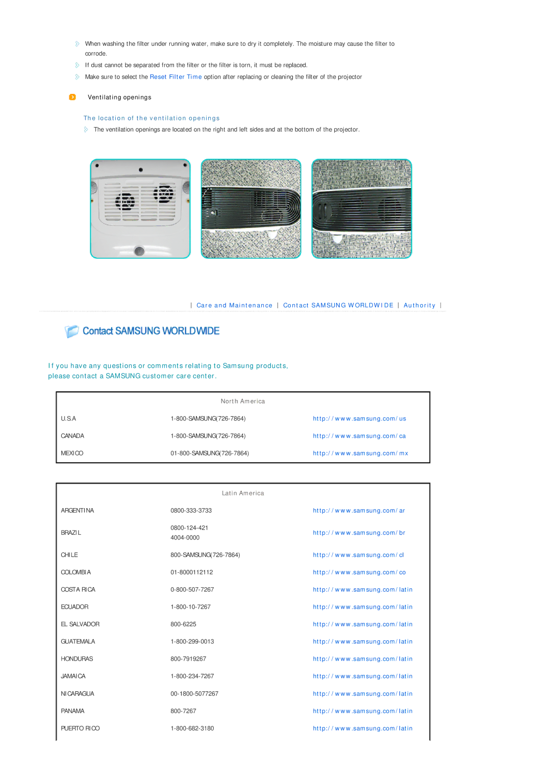 Samsung SPL330WVX/EN, SPL330WX/EN Ventilating openings, Location of the ventilation openings, North America, Latin America 