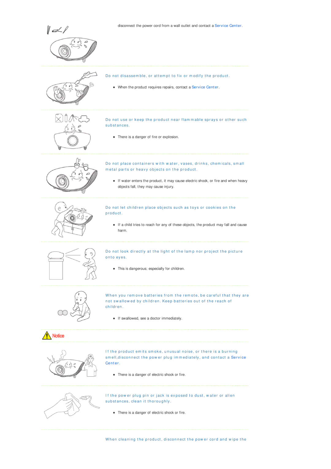 Samsung SPL330WX/EN, SPL330WVX/EN manual Do not disassemble, or attempt to fix or modify the product 