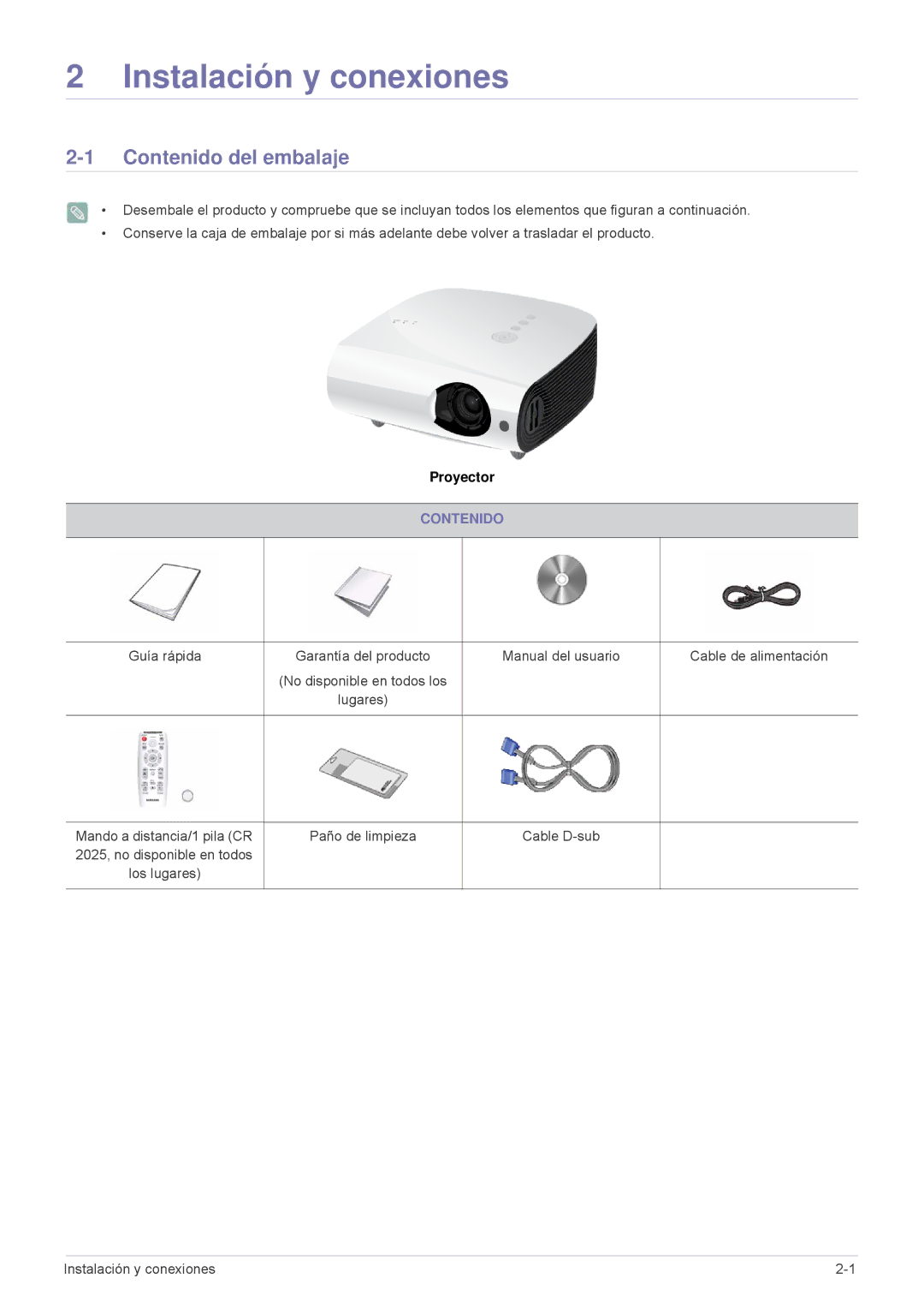 Samsung SPL301WEX/EN, SPL331WEX/EN, SP-L301WE manual Contenido del embalaje 