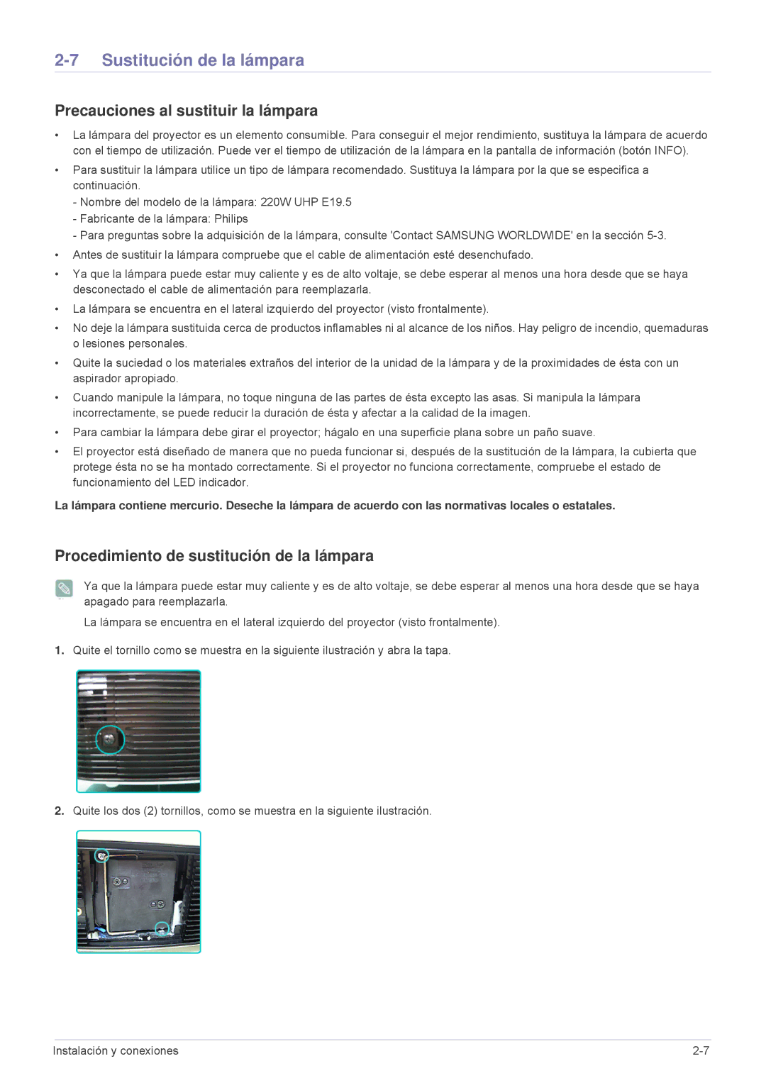 Samsung SP-L301WE, SPL331WEX/EN, SPL301WEX/EN manual Sustitución de la lámpara, Precauciones al sustituir la lámpara 