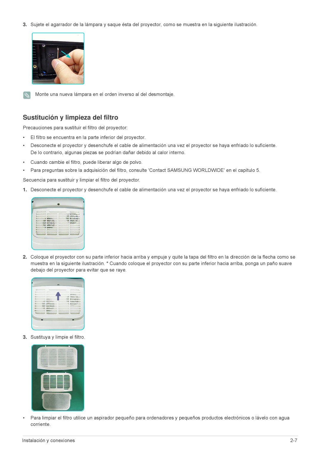 Samsung SPL331WEX/EN, SPL301WEX/EN, SP-L301WE manual Sustitución y limpieza del filtro 