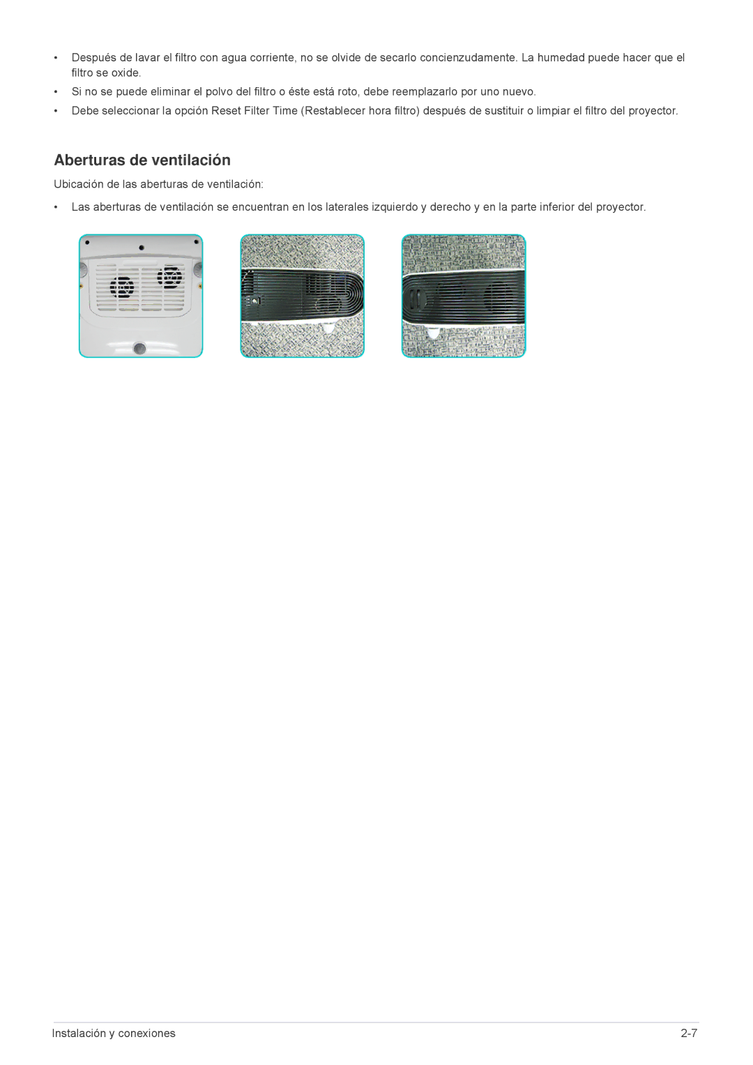 Samsung SPL301WEX/EN, SPL331WEX/EN, SP-L301WE manual Aberturas de ventilación 