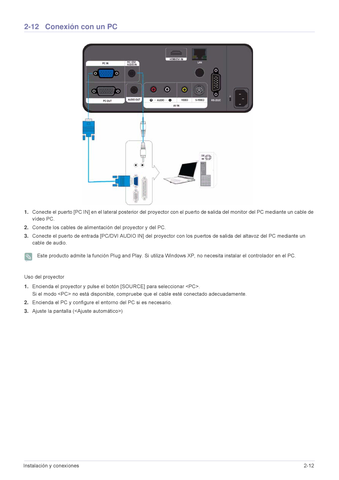 Samsung SPL331WEX/EN, SPL301WEX/EN, SP-L301WE manual Conexión con un PC 