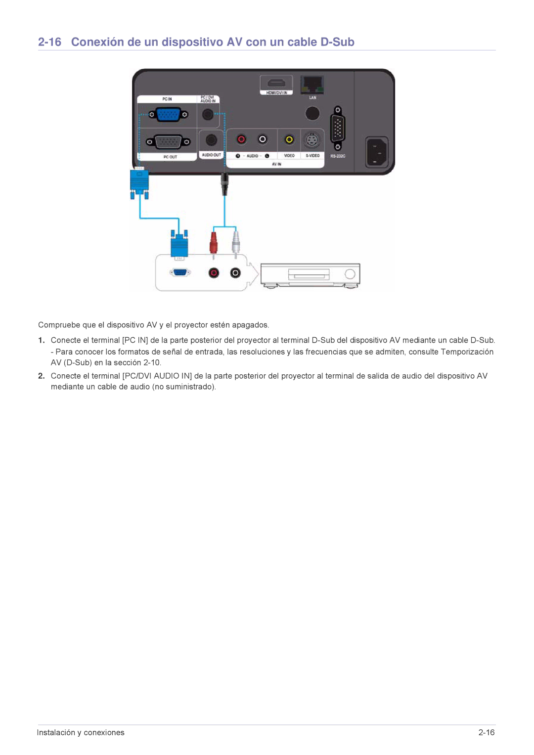 Samsung SPL301WEX/EN, SPL331WEX/EN, SP-L301WE manual Conexión de un dispositivo AV con un cable D-Sub 