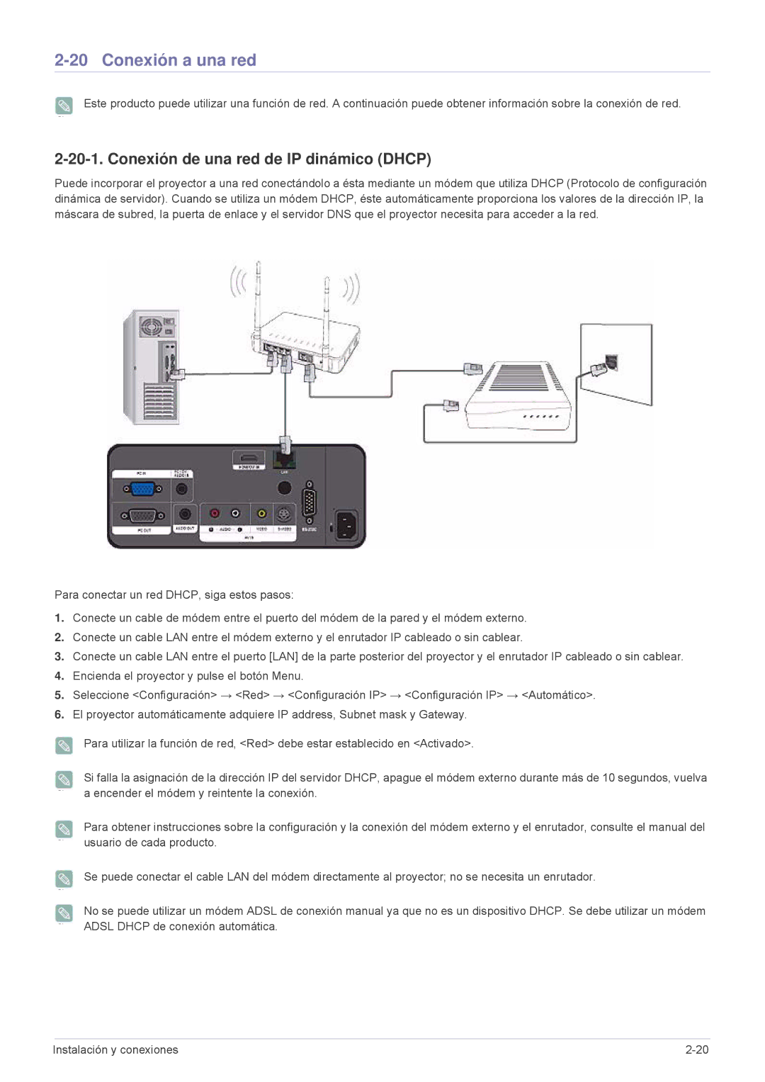 Samsung SP-L301WE, SPL331WEX/EN, SPL301WEX/EN manual Conexión a una red, Conexión de una red de IP dinámico Dhcp 