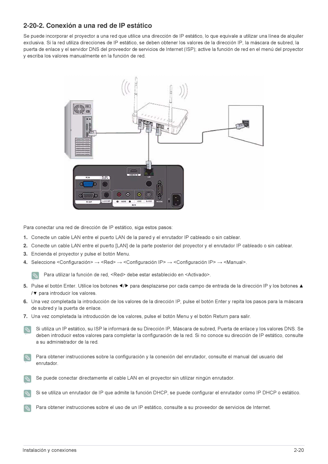 Samsung SPL331WEX/EN, SPL301WEX/EN, SP-L301WE manual Conexión a una red de IP estático 