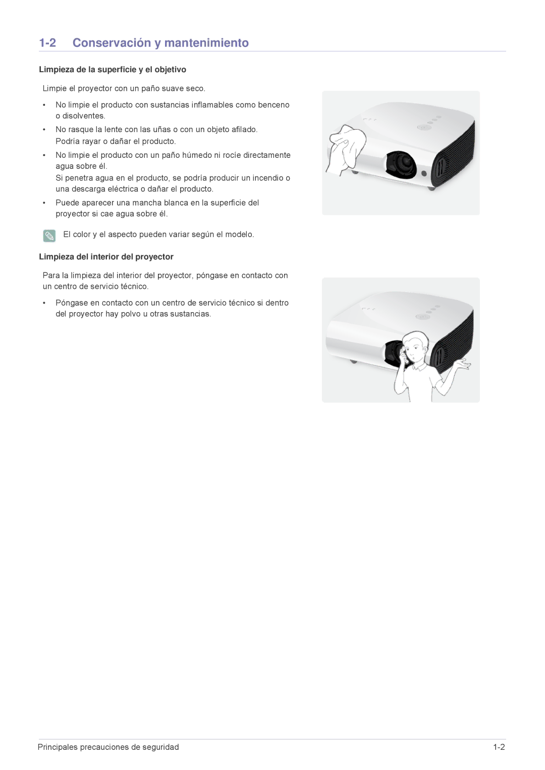 Samsung SPL301WEX/EN, SPL331WEX/EN, SP-L301WE manual Conservación y mantenimiento, Limpieza de la superficie y el objetivo 