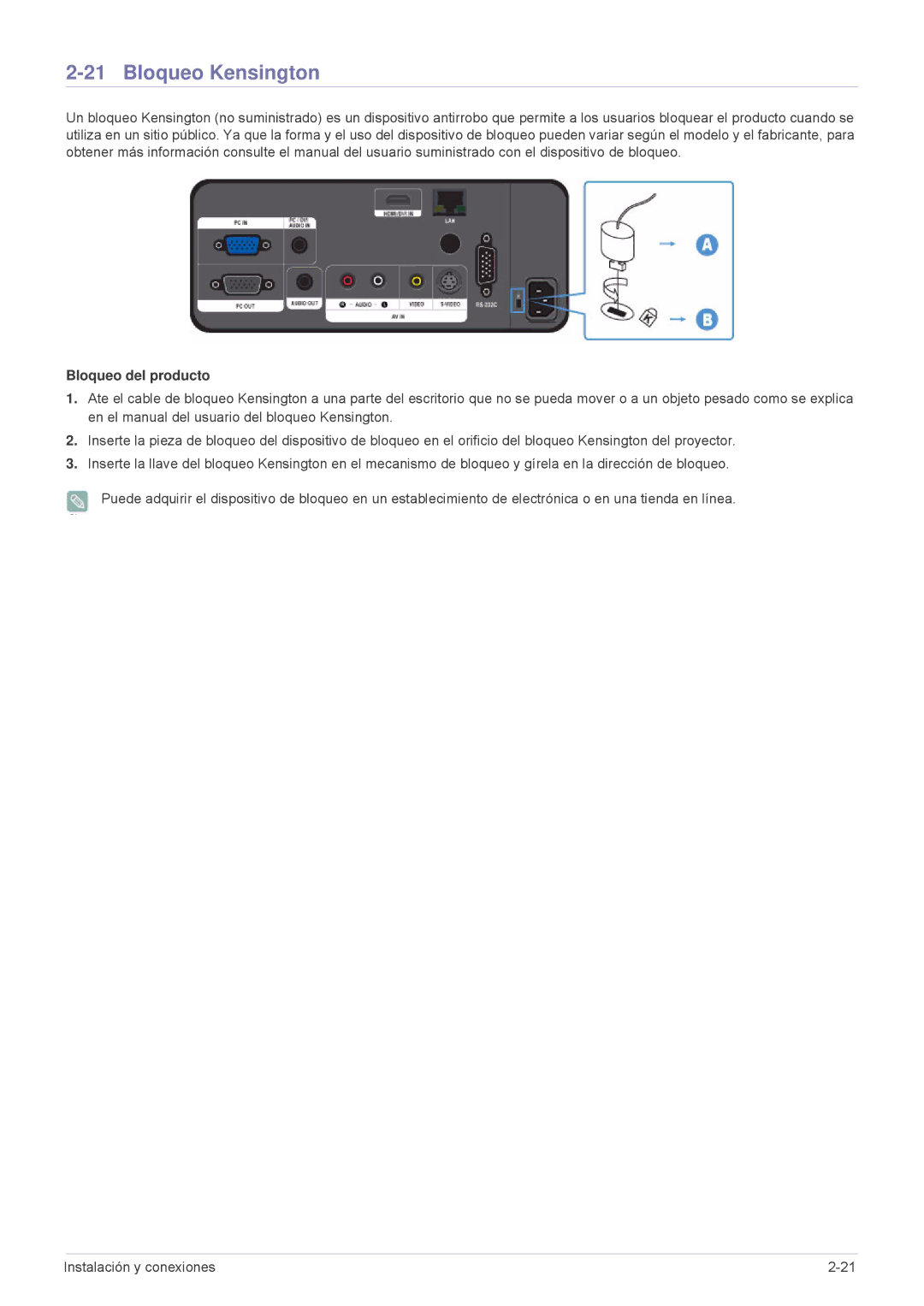 Samsung SPL301WEX/EN, SPL331WEX/EN, SP-L301WE manual Bloqueo Kensington, Bloqueo del producto 