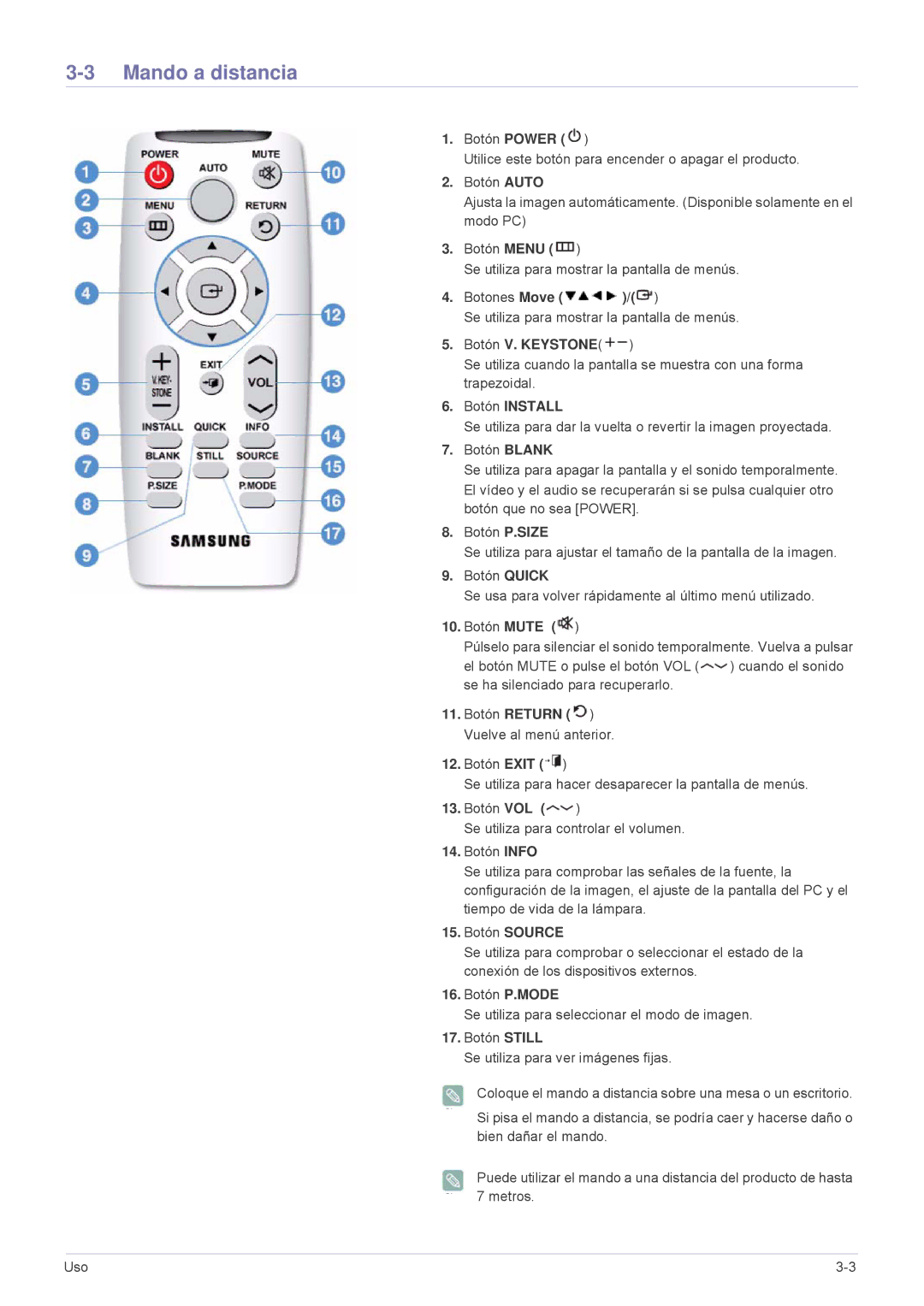 Samsung SPL301WEX/EN, SPL331WEX/EN, SP-L301WE manual Mando a distancia, Botón Install 