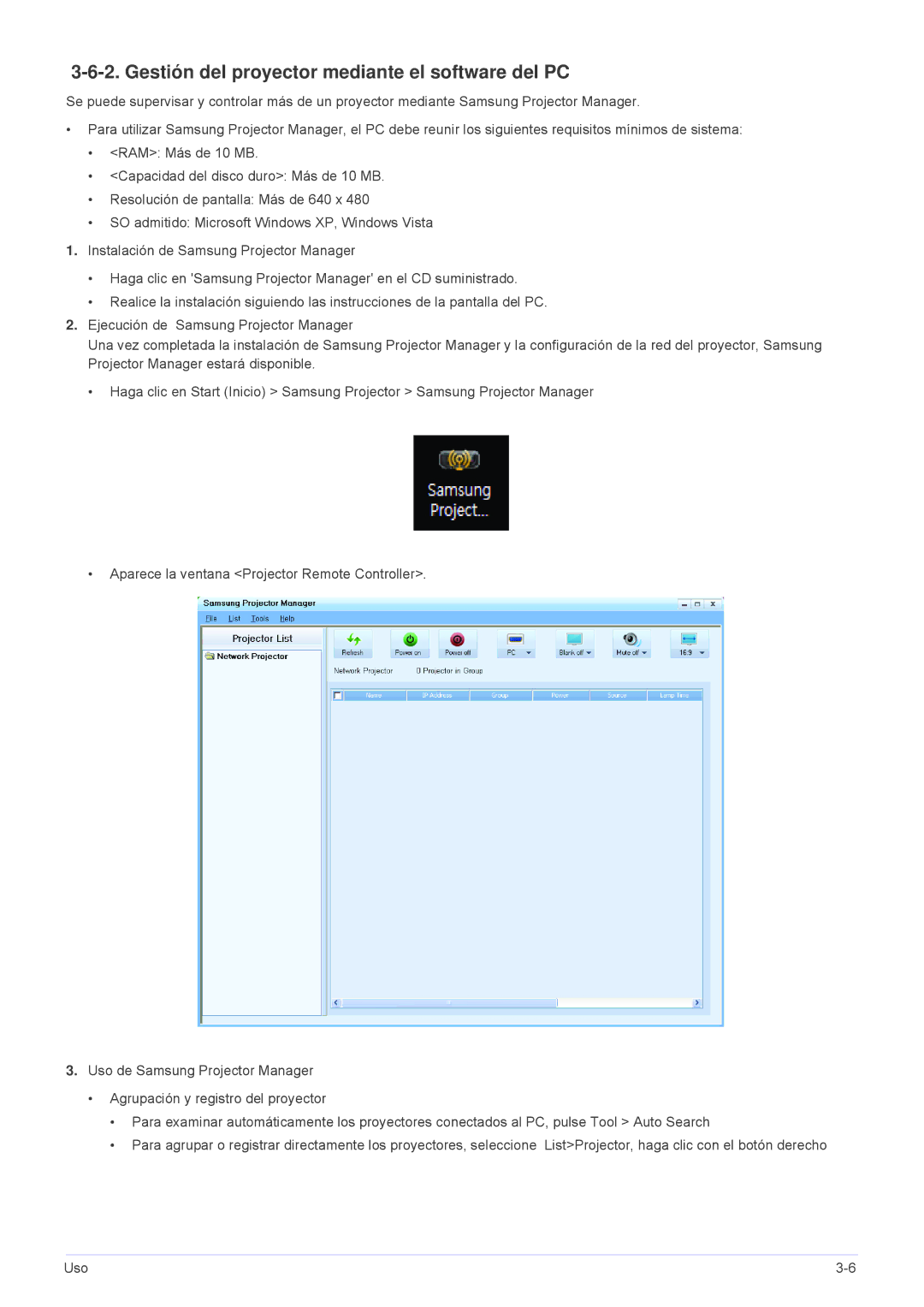 Samsung SPL301WEX/EN, SPL331WEX/EN, SP-L301WE manual Gestión del proyector mediante el software del PC 