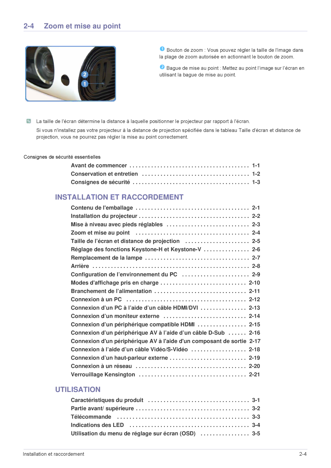 Samsung SPL331WEX/EN, SPL301WEX/EN manual Zoom et mise au point 