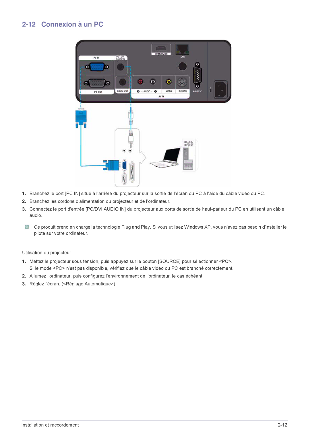 Samsung SPL331WEX/EN, SPL301WEX/EN manual Connexion à un PC 