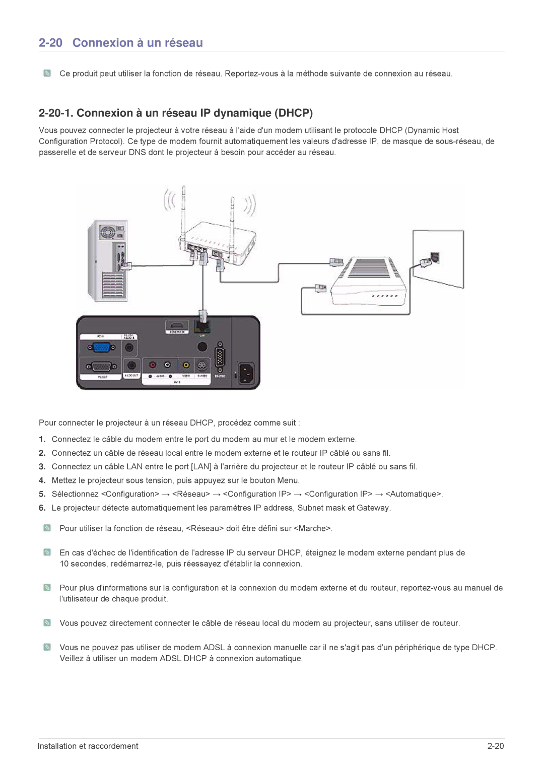 Samsung SPL331WEX/EN, SPL301WEX/EN manual Connexion à un réseau IP dynamique Dhcp 