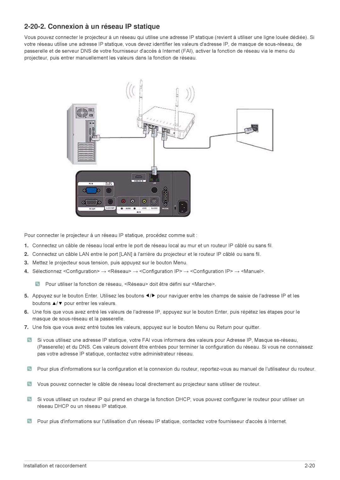 Samsung SPL301WEX/EN, SPL331WEX/EN manual Connexion à un réseau IP statique 