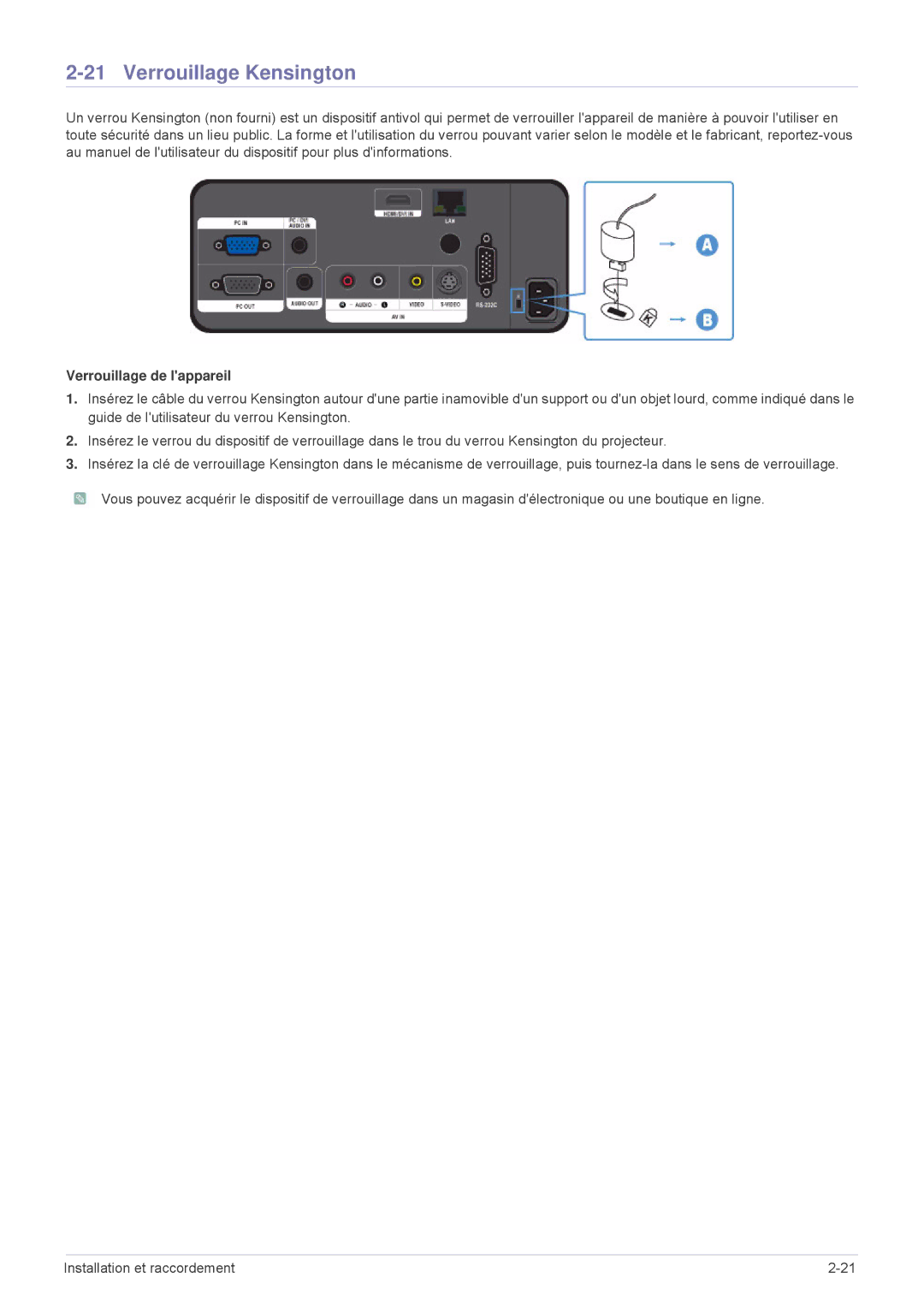 Samsung SPL331WEX/EN, SPL301WEX/EN manual Verrouillage Kensington, Verrouillage de lappareil 