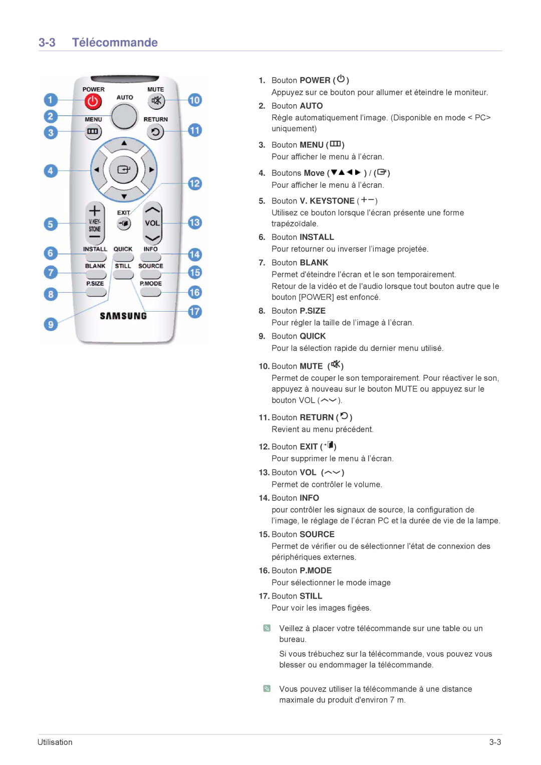 Samsung SPL301WEX/EN, SPL331WEX/EN manual Télécommande, Bouton Power 