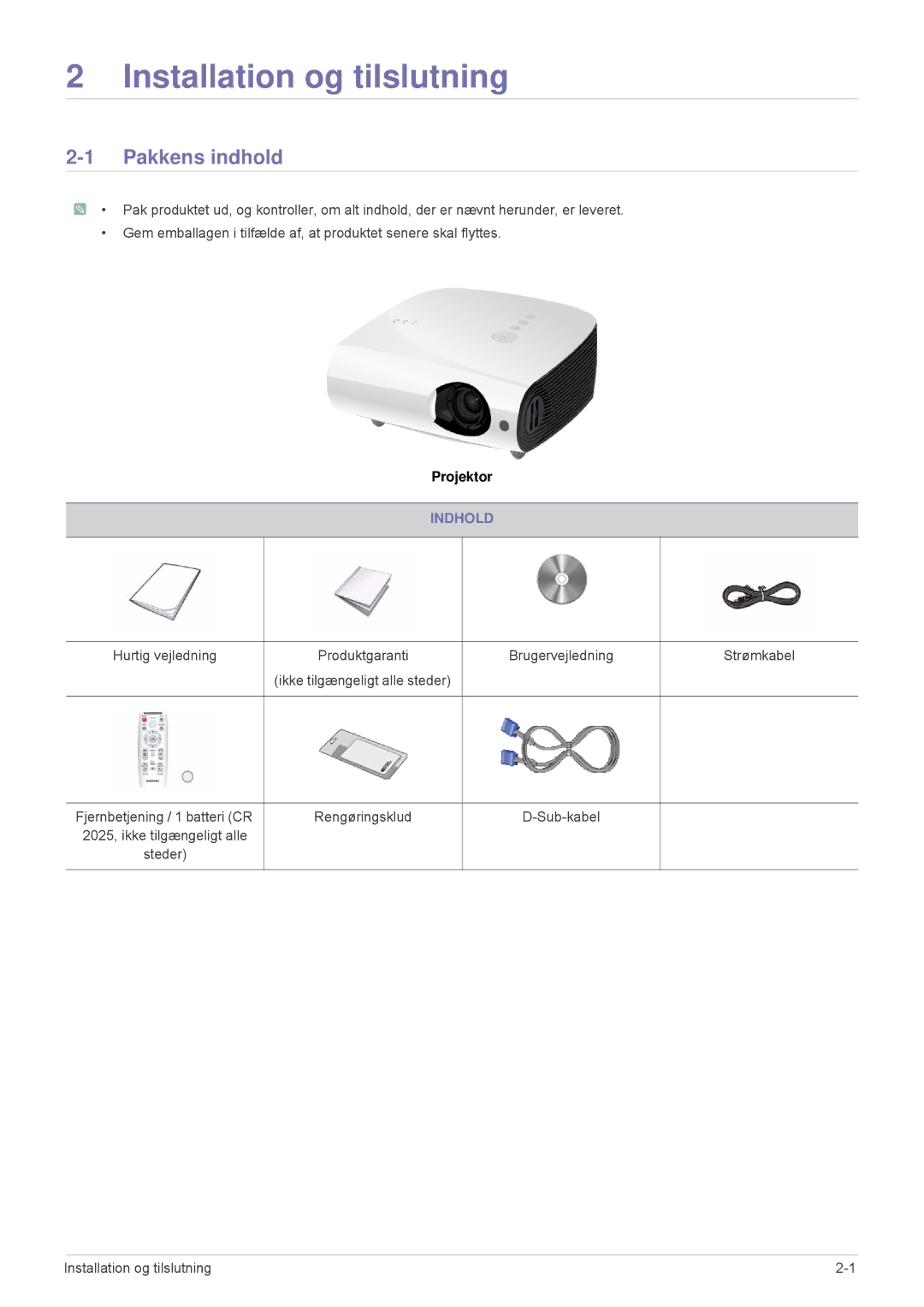 Samsung SPL331WEX/EN, SPL301WEX/EN manual Pakkens indhold, Indhold 