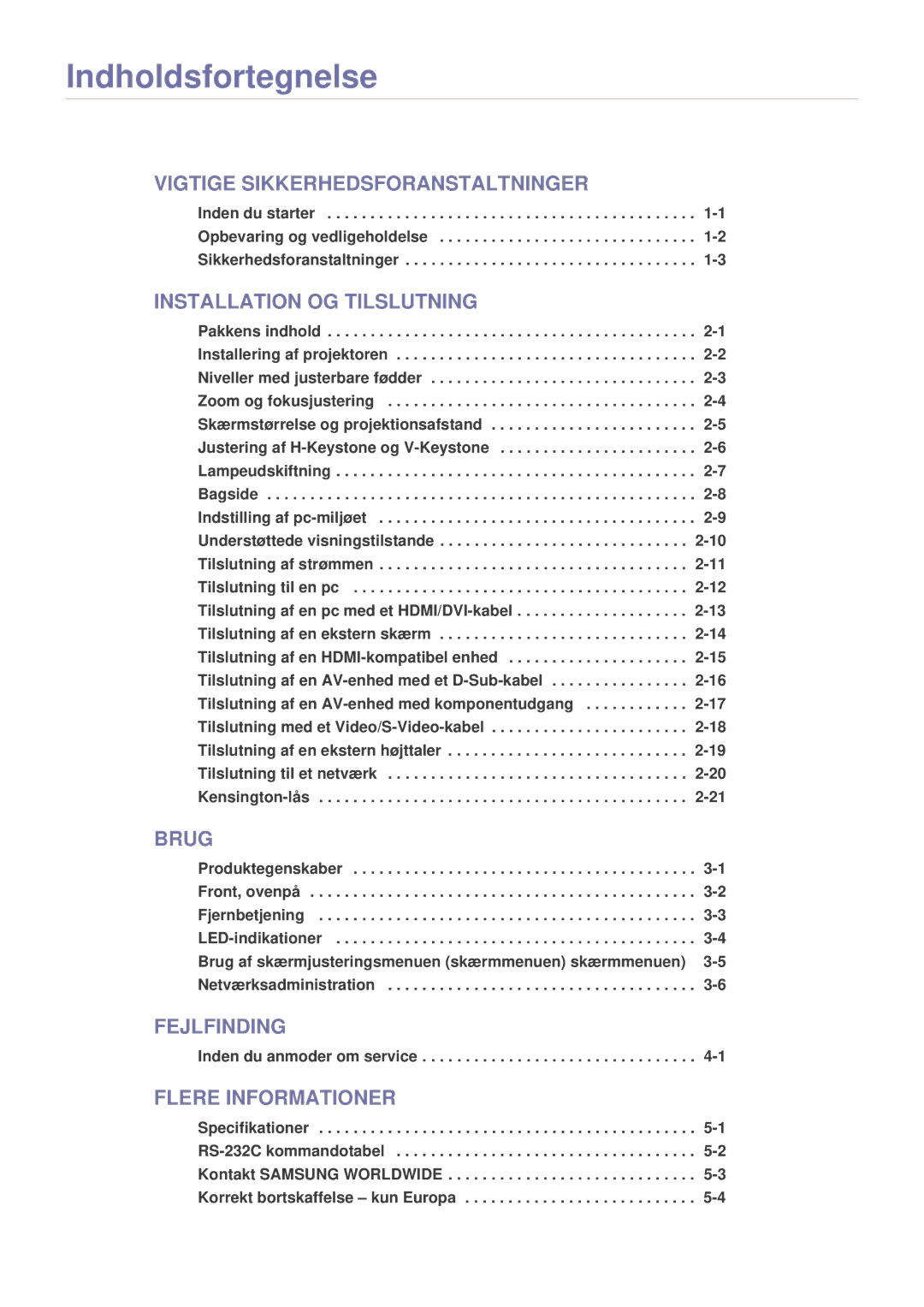 Samsung SPL331WEX/EN, SPL301WEX/EN manual Indholdsfortegnelse 