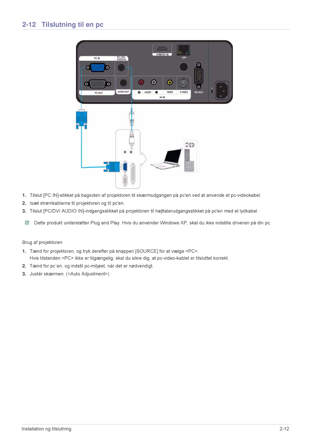 Samsung SPL331WEX/EN, SPL301WEX/EN manual Tilslutning til en pc 