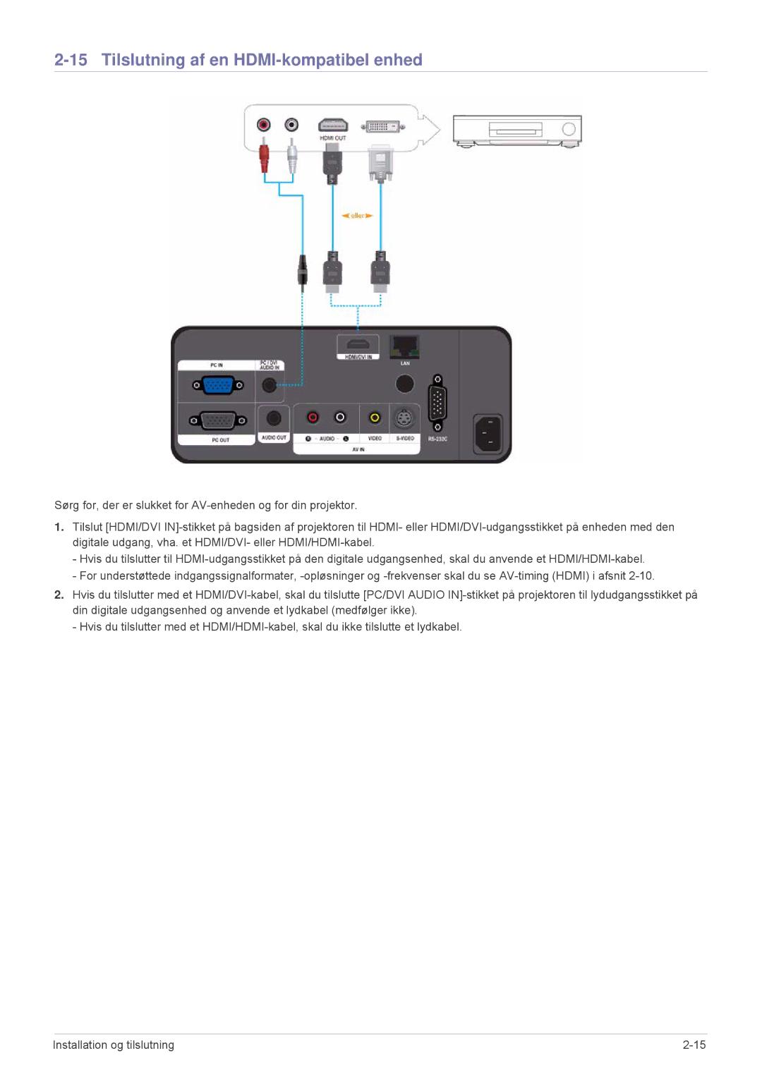 Samsung SPL301WEX/EN, SPL331WEX/EN manual Tilslutning af en HDMI-kompatibel enhed 