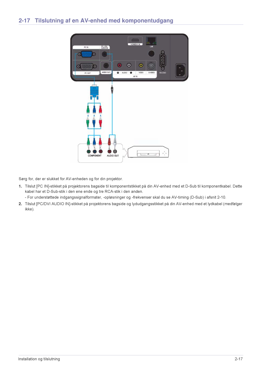 Samsung SPL301WEX/EN, SPL331WEX/EN manual Tilslutning af en AV-enhed med komponentudgang 