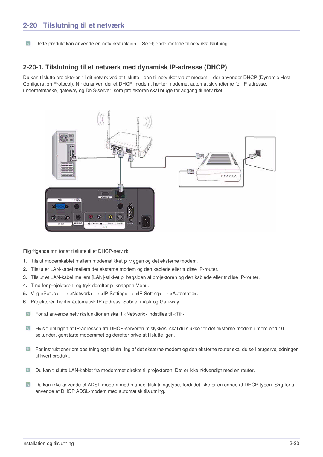 Samsung SPL331WEX/EN, SPL301WEX/EN manual Tilslutning til et netværk med dynamisk IP-adresse Dhcp 