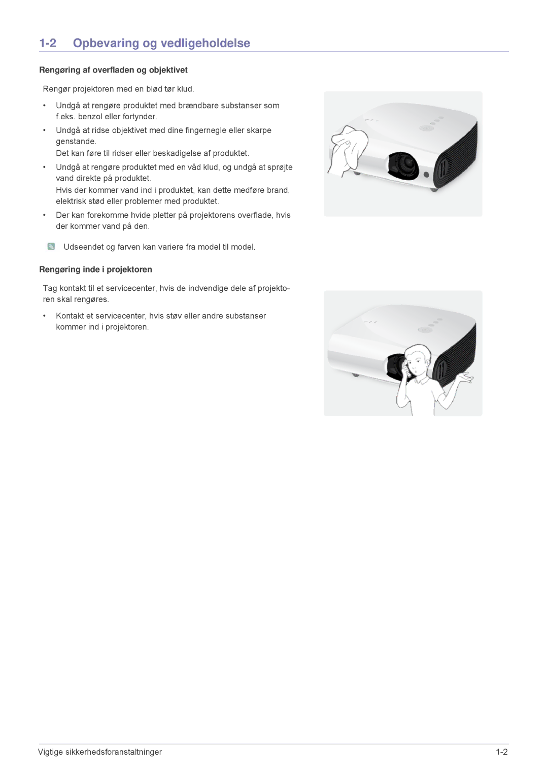 Samsung SPL331WEX/EN, SPL301WEX/EN manual Opbevaring og vedligeholdelse, Rengøring af overfladen og objektivet 