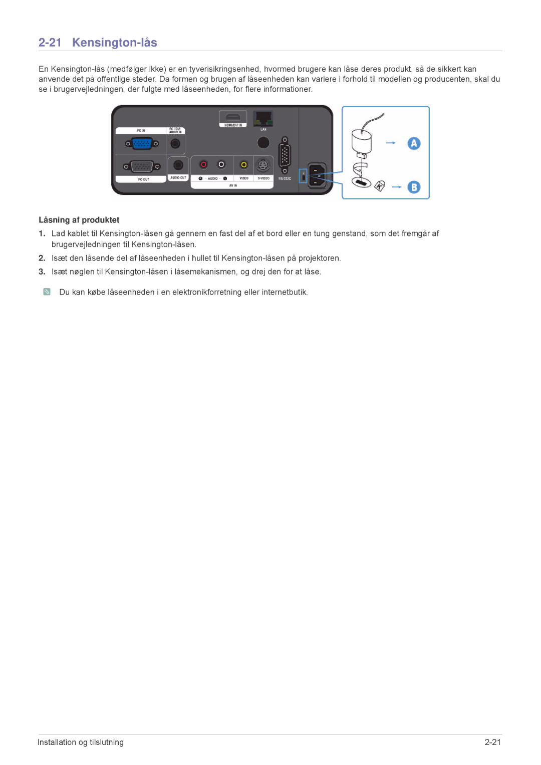 Samsung SPL331WEX/EN, SPL301WEX/EN manual Kensington-lås, Låsning af produktet 