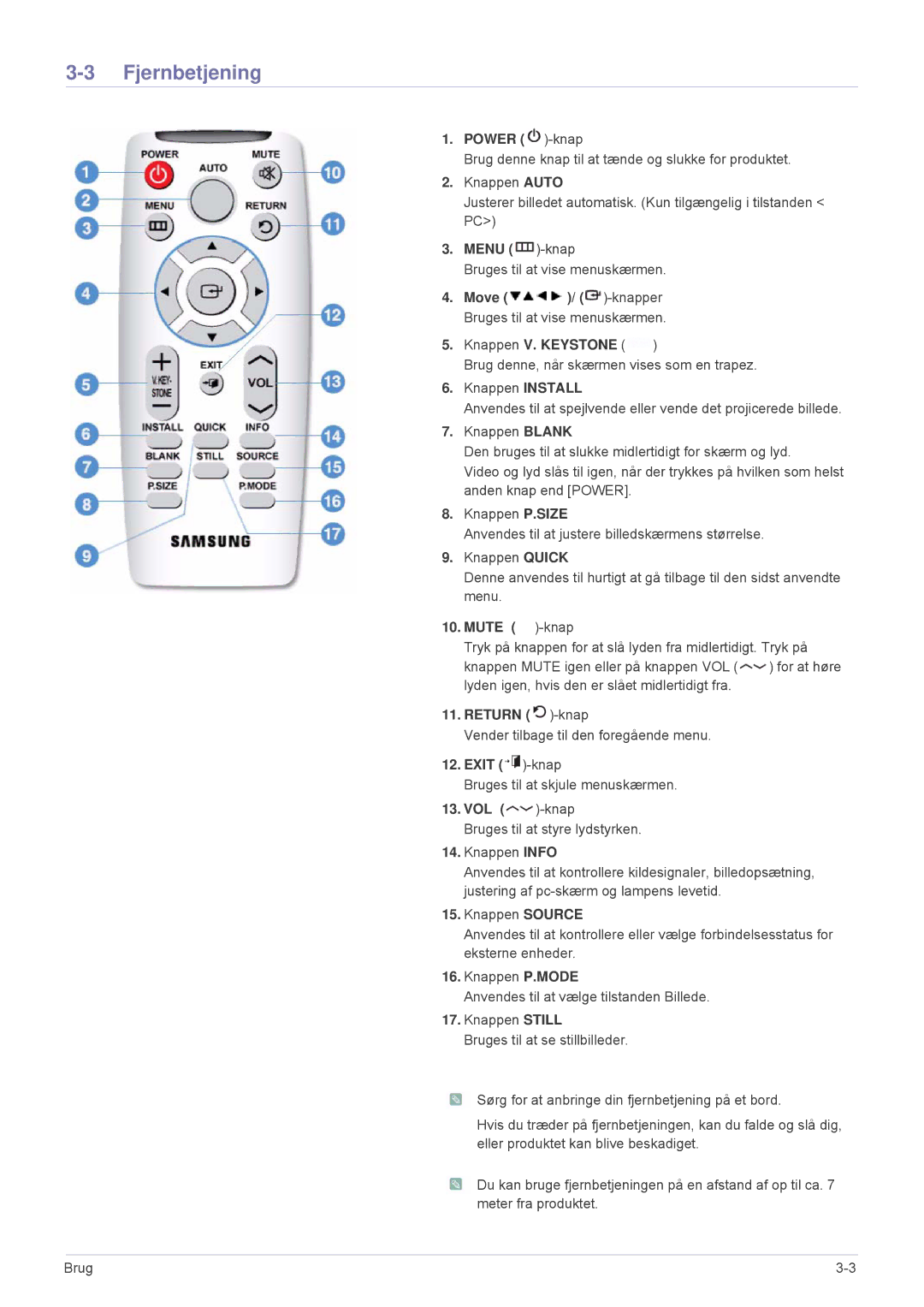 Samsung SPL301WEX/EN, SPL331WEX/EN manual Fjernbetjening, Power -knap 