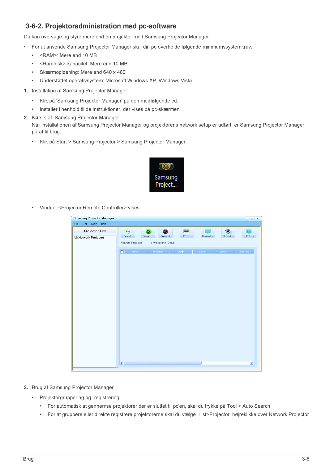 Samsung SPL331WEX/EN, SPL301WEX/EN manual Projektoradministration med pc-software 