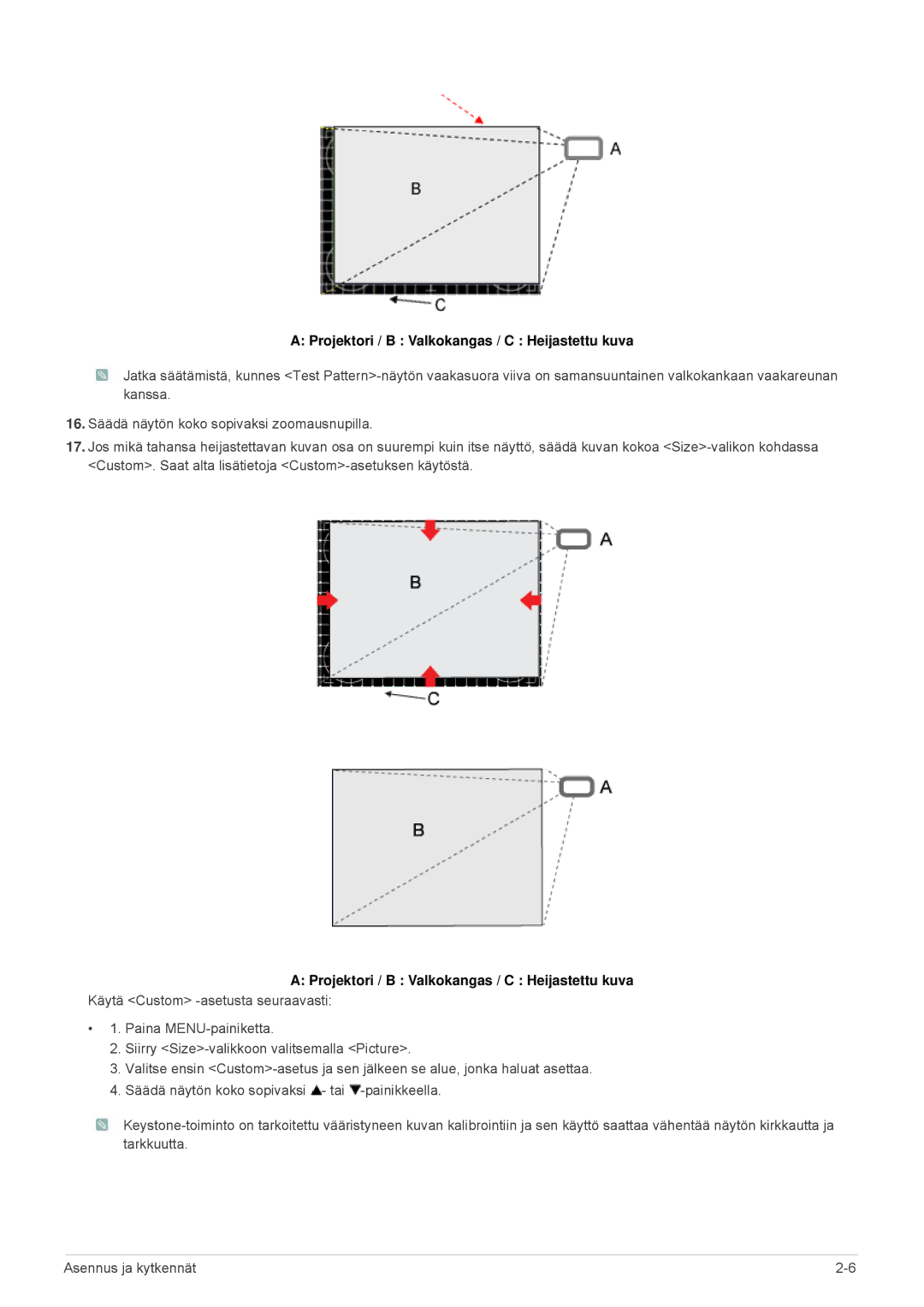 Samsung SPL301WEX/EN, SPL331WEX/EN manual Projektori / B Valkokangas / C Heijastettu kuva 